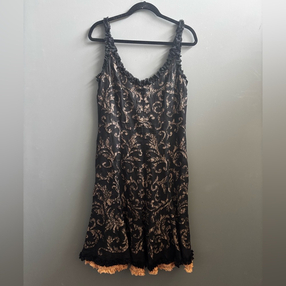 Carmen Marc Valvo Black and Gold Floral Lace Slip Dress